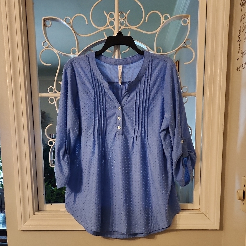 NY Collection Blue Pleated 3/4 Sleeve Blouse